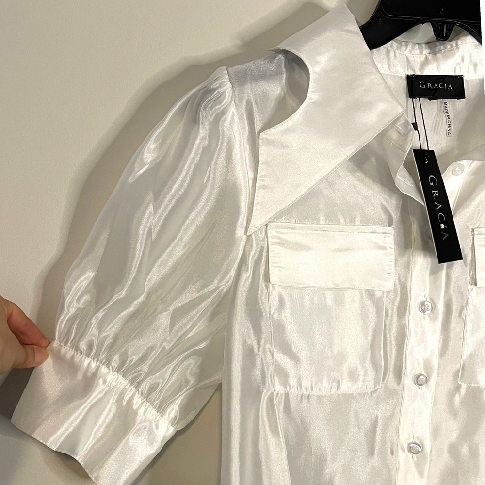 Gracia Satin Button Down Blouse Women Medium White Chic Puff Sleeve Collared Top - Picture 5 of 9